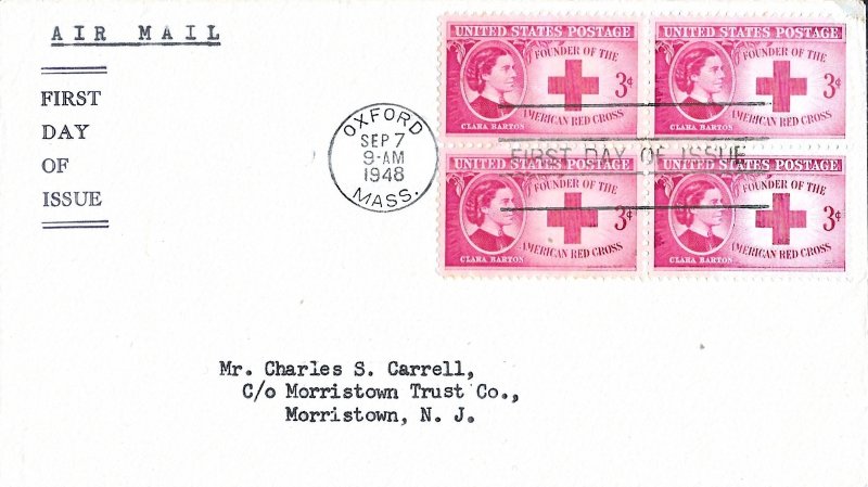 1948 FDC, #967, Clara Barton, unlisted general purpose, block of 4