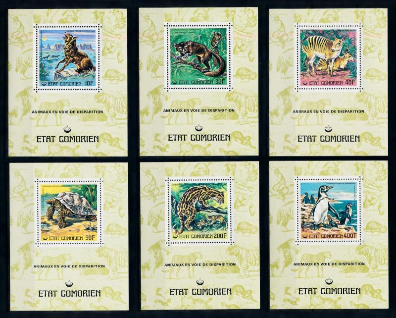 [75885] Comores 1977 Wild Life Wolf Turtle Penguin 6 Deluxe Perf. Sheets MNH