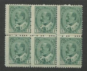 1903 Canada Stamp #89 1c Mint Never Hinged Average Original Gum Block of 6