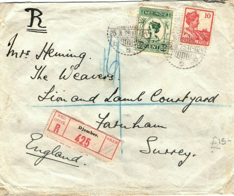 DUTCH EAST INDIES Cover *Djember* East Java Registered 1925 {samwells}DD332