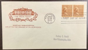 840 House of Farnam Martha Washington Line Pair Coils,  Prexie Series FDC 1939