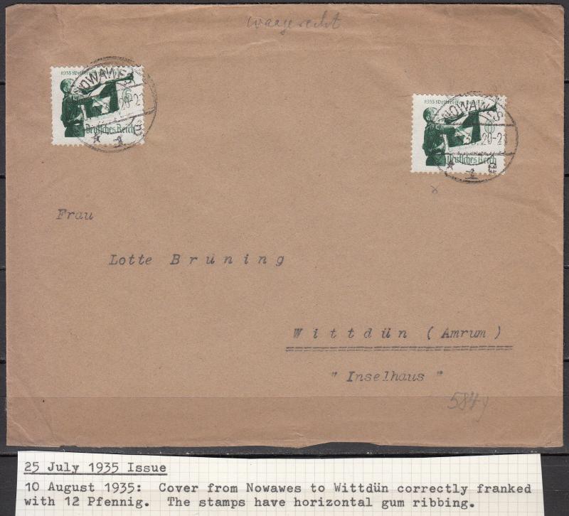 Germany - 10.8.1935 6pf Youth Meeting as MeF on cover horizontal ribbing(1902)