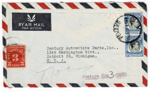 Penang 1953 airmail cover to the U.S., short paid, 3c postage due