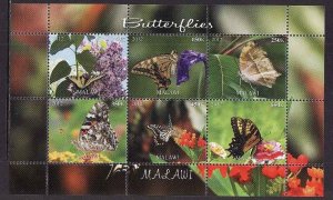 Malawi-unused NH sheet of 6-Butterflies-Insects-Flowers-2