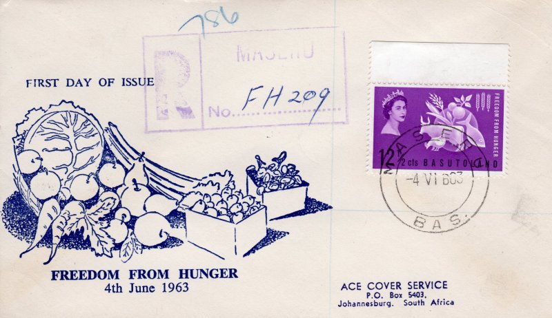 Basutoland 1963 Sc#83 Freedom from Hunger (1) FDC Registered to South Africa