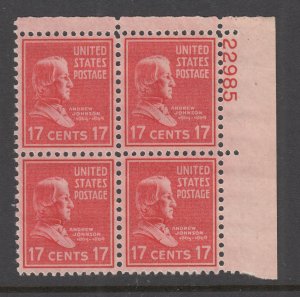 US 822 Andrew Johnson Plate Block MNH VF