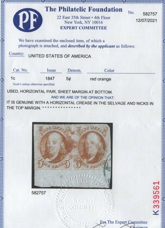 USA #1c Used Fine Red Orange Sheet Margin Pair **With Certificate**
