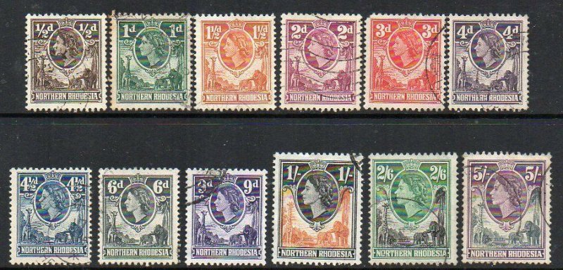 Northern Rhodesia: 1953 QEII vals (12) ex SG 61-72 used