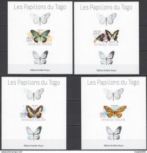 Lx180 Imperf 2013 Togo Butterflies Fauna !!! Uv Cardboard 4Bl Mnh