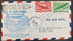 1947 San Francisco CA USA First Flight Airmail Cover FFC To Calcutta India