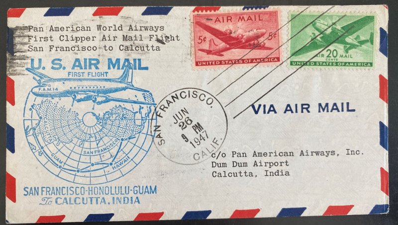 1947 San Francisco CA USA First Flight Airmail Cover FFC To Calcutta India