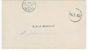 Newfoundland 1897 St. John's Oct. 15 cancel on cover, PAID ALL in circle