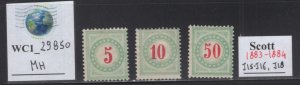 WC1_29850. SWITZERLAND. Lot of 1883-188 Postage Due stamps. Sc.J15,J16,J18. MH