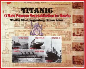 Titanic Stamps Angola MNH 1998 Ships World Most Legendary Ocean Liner 4v M/S