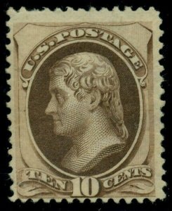 US #161, 10¢ brown, unused disturbed og, scarce, Fine+, Miller cert, Scott $800