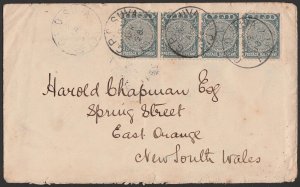 FIJI 1898 cover franked monogram ½d slate, perf 11, strip. To Australia.