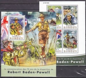 Djibouti, 2016 issue. Scout B. Powell, Anniversary sheet of 4 & s/sheet.