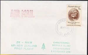 NORFOLK IS 1990 Air New Zealand first flight cover to Christchurch.........B1570