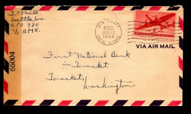 1944 Censored Airmail Cover / APO 980 - N62