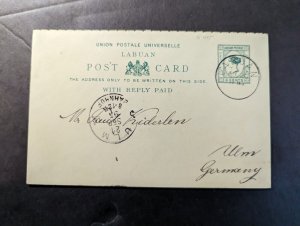 1895 Malaysia Labuan Postcard and Reply Card Cover to Ulm Germany