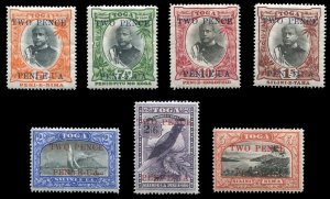 Tonga #63-69 Cat$189, 1923 Surcharges, set of seven, hinged, 2p on 5sh with t...