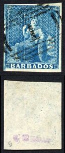 Barbados SG10 1855 1d Deep Blue on White Paper Four Margins Cat 60