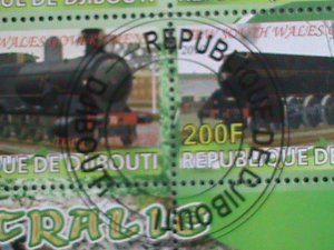 DJIBOUTI-2010 WORLD FAMOUS LOCO MOTIVE TRAINS CTO SHEET VF-WITH FANCY CANCEL