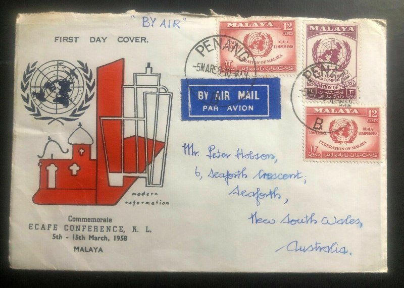 1958 Penang Malaya First Day Cover FDC To Seaforth Australia ECAFE Conference