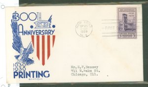US 857 1939 3c 300th Anniversary of the Printing Press in America (single) on an addressed (typed) FDC with a Clifford cachet