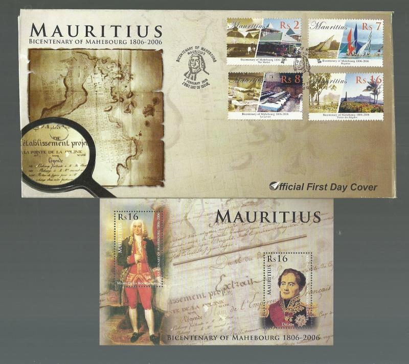 BICENTENARY OF MAHEBOURG Mauritius FDC + Minisheet 2006 MNH AND LEAFLET