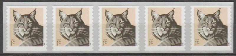 #4672, Strip of 5, W/BK# 1430. Bobcat MNH. 1 cent (makeup)