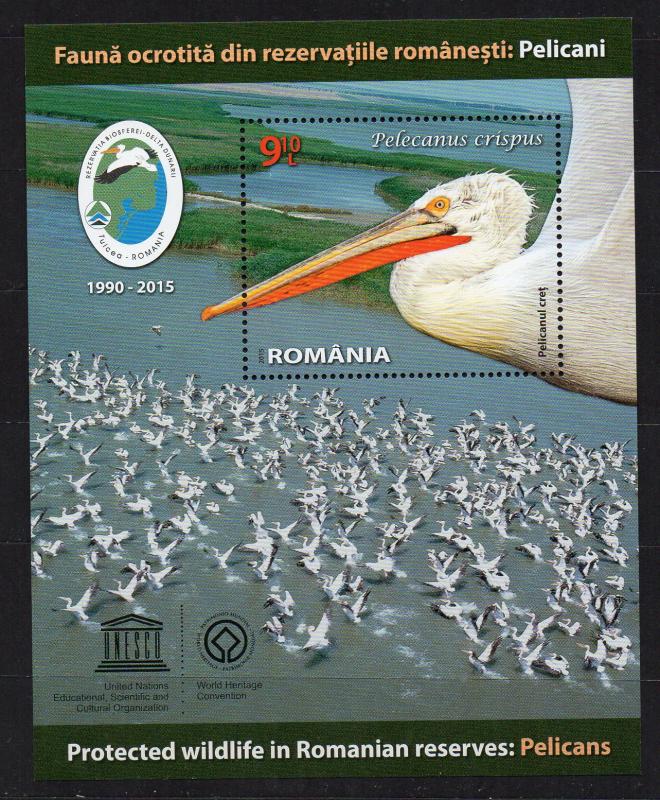 ROMANIA - 2015 - MINIATURE SHEET - BIRDS - PELICAN - UNESCO -