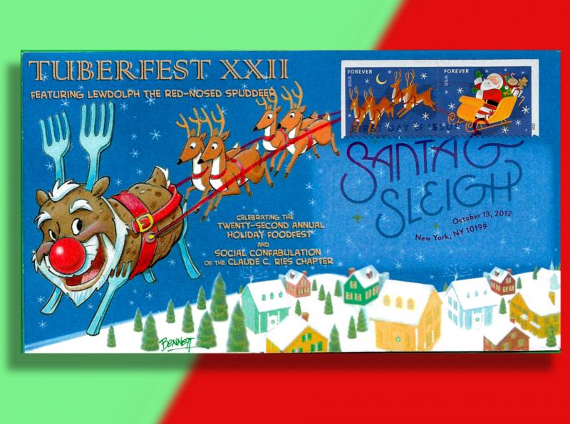 Potato Rudolph Leads Santa's Sleigh on TuberFest First Day Cover from 2012