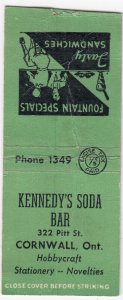 Canada Revenue 1/5¢ Excise Tax Matchbook KENNEDY'S SODA BAR Cornwall