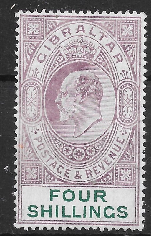 GIBRALTAR SG63 1908 4/= DEEP PURPLE & GREEN MTD MINT