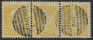 Canada #35 1c Small Queen Strip of 3 St Catharines Fancy Cork Cancel #797