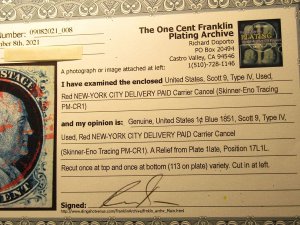 US STAMPS, Scott #9, RED NY City Deliver PAID Carrier Cancel, USED 1851, SCV$215