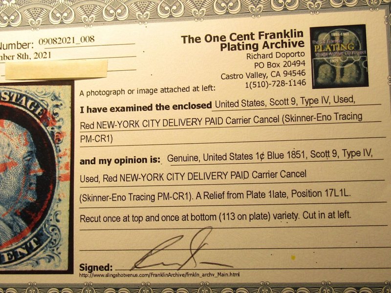 US STAMPS, Scott #9, RED NY City Deliver PAID Carrier Cancel, USED 1851, SCV$215