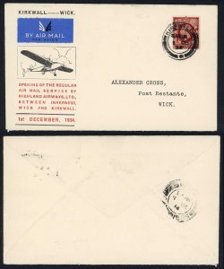 2nd December 1934 Illustrated First Flight cover Kirkwall to Wick1st December 1
