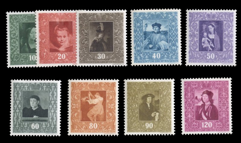 Liechtenstein #227-235 Cat$21.10, 1949 Portraits, complete set , hinged