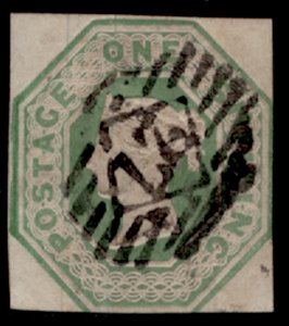 GB QV SG54, SCARCE 1s pale green CUT SQUARE, USED. Cat £1000.