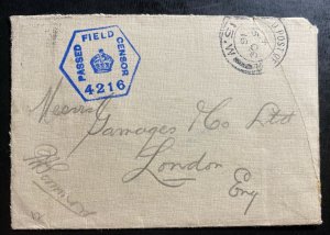 1916 ANZAC Field Post Office In Europe WWI Cover To London England