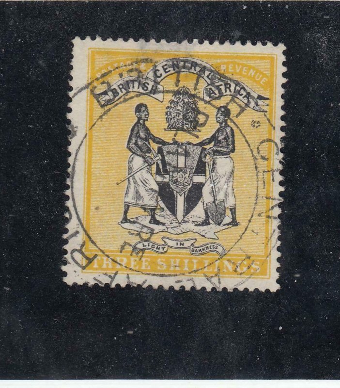 BRITISH CENTRAL AFRICA # 38 3sh COAT OF ARMS SUPERB SON CANCEL(Thinned)CV $68