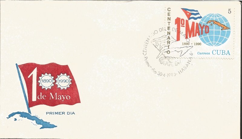 V) 1990 CARIBBEAN, LABOR DAY, CENTENARY, FLAG, MAP OF CUBA, WITH SLOGAN CANCE...