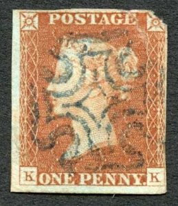 1841 Penny Red (KK) Fine Blue Cross (stamp damaged) Cat 650 pounds