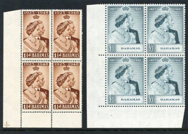 Bahamas 1948 KGVI Silver Wedding set in blocks of 4 MNH. SG 194-195. Sc 148-149.