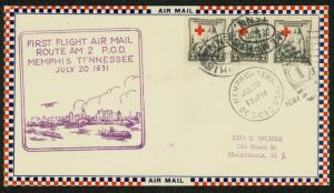 1931 FIRST FLIGHT AIRMAIL ROUTE AM 2 MEMPHIS, TN TO HACKENSACK, NJ  (ESP#1409)