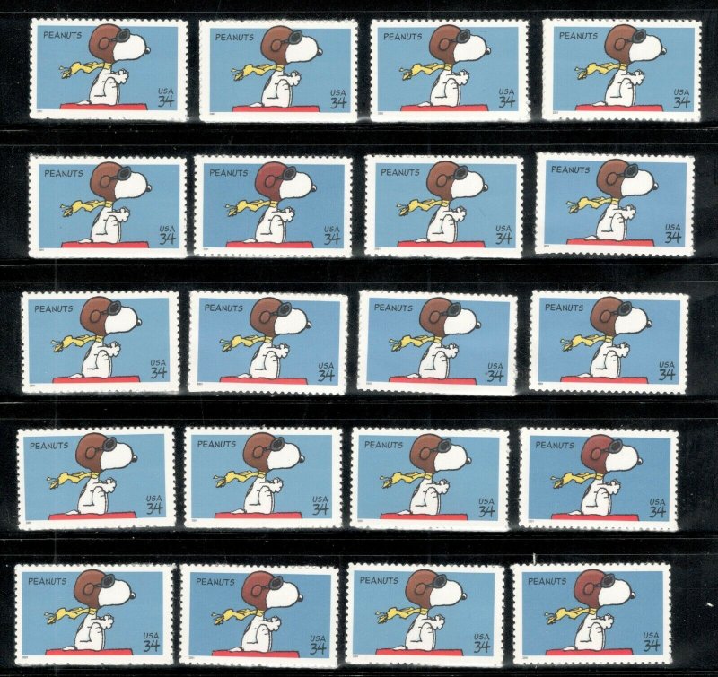  US Postage Stamps 3507 Peanuts Snoopy Wholesale Lot Of 20 Singles Below Face