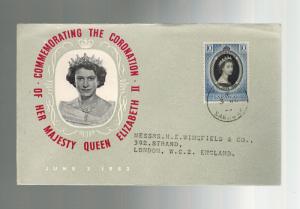 1953 Sarawak to England Queen Elizabeth II Coronation First Day cover FDC QE II