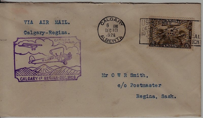 Canada airmail cover 10.12.28 Calgary-Regina